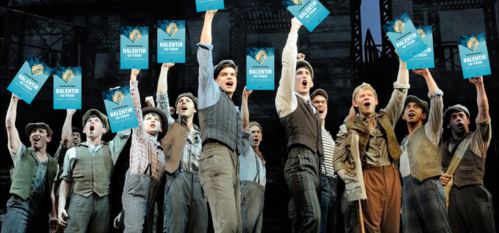 Newsies on Broadway holding the book "Ralentir ou Périr"
